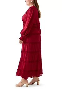 Plus Long Sleeve V-Neck Tiered Mulberry Red Maxi Dress