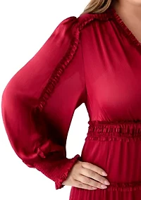 Plus Long Sleeve V-Neck Tiered Mulberry Red Maxi Dress