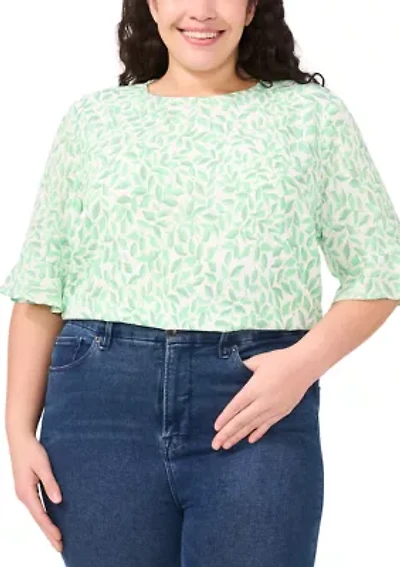 Plus Printed Ruffle Cuff Woven Top