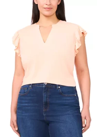 Plus Short Sleeve V-Neck Double Flutter Top