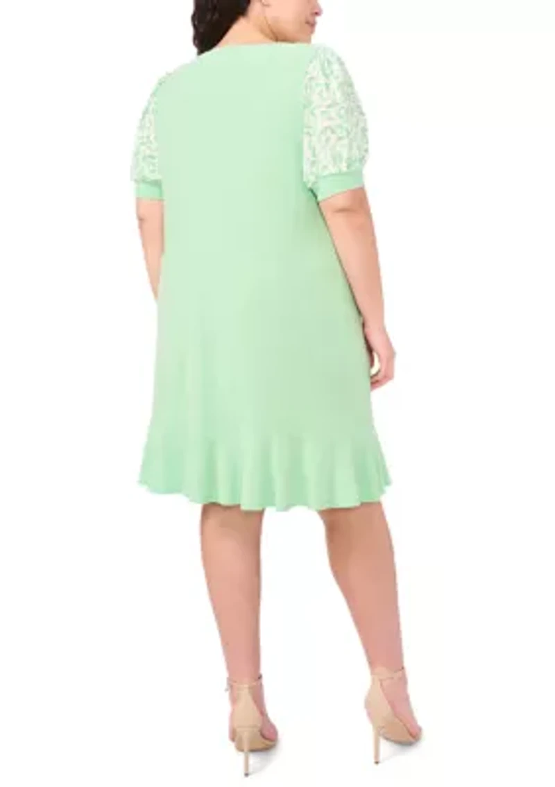 Plus Clip Dot Puff Sleeve Dress