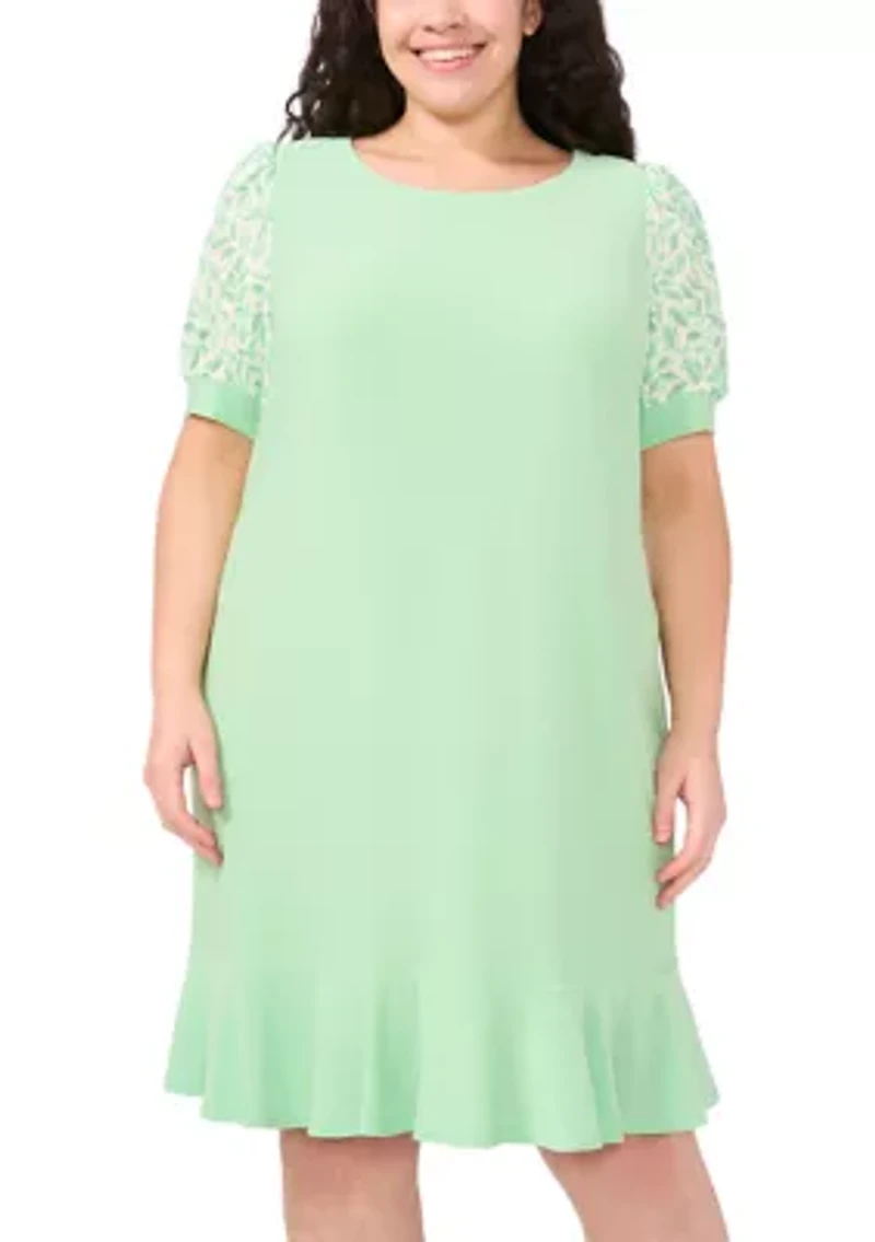 Plus Clip Dot Puff Sleeve Dress