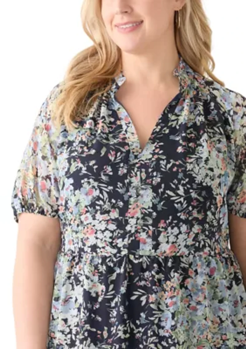 Plus Tiered Ruffle Neck Printed Dress