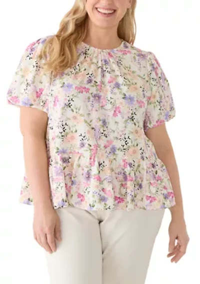 Plus Short Sleeve Crew Puff Shirred Peplum Top