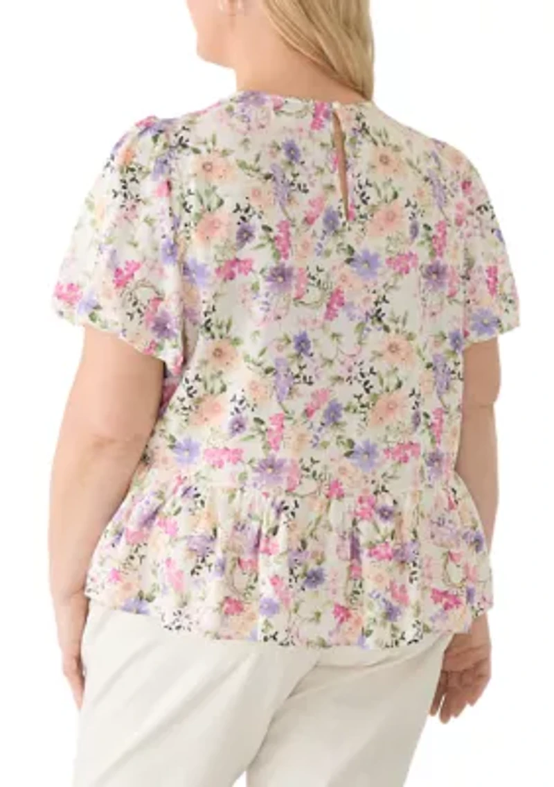Plus Short Sleeve Crew Puff Shirred Peplum Top