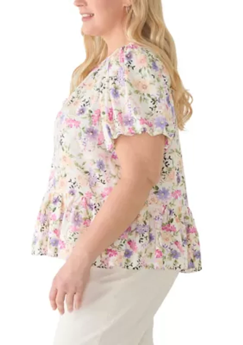 Plus Short Sleeve Crew Puff Shirred Peplum Top