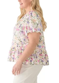 Plus Short Sleeve Crew Puff Shirred Peplum Top