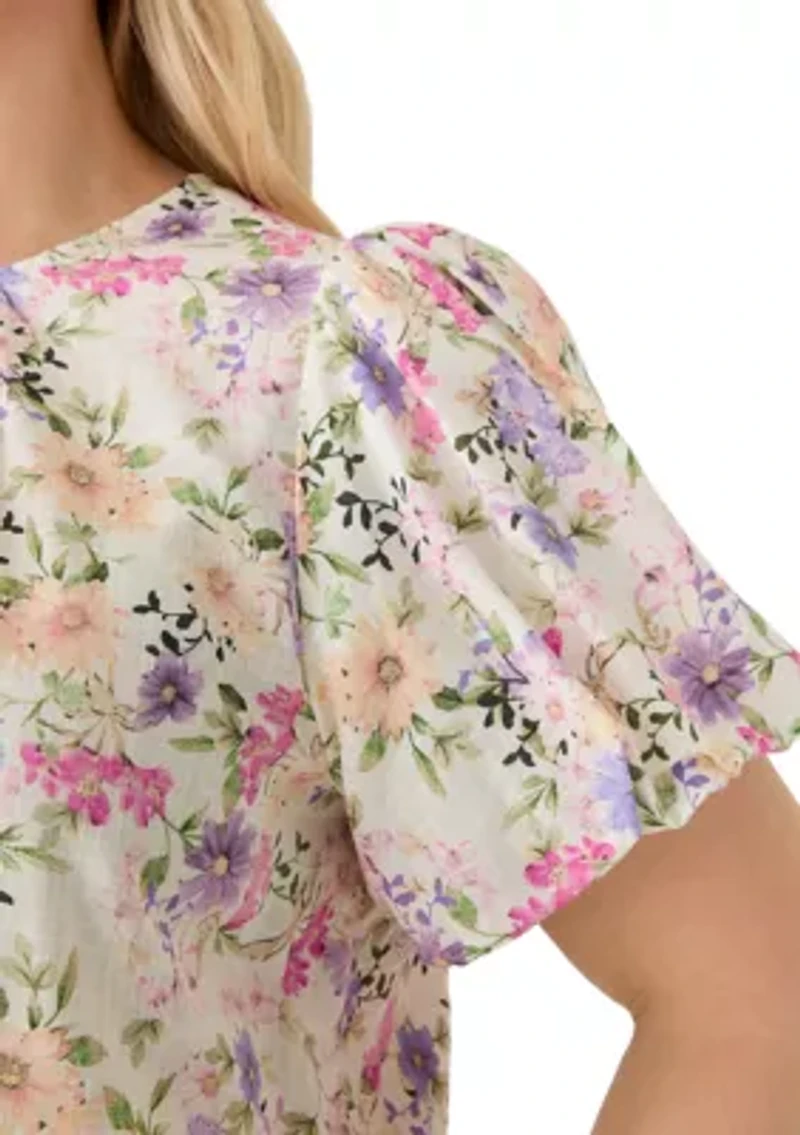 Plus Short Sleeve Crew Puff Shirred Peplum Top