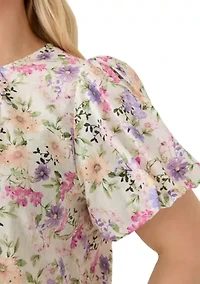 Plus Short Sleeve Crew Puff Shirred Peplum Top