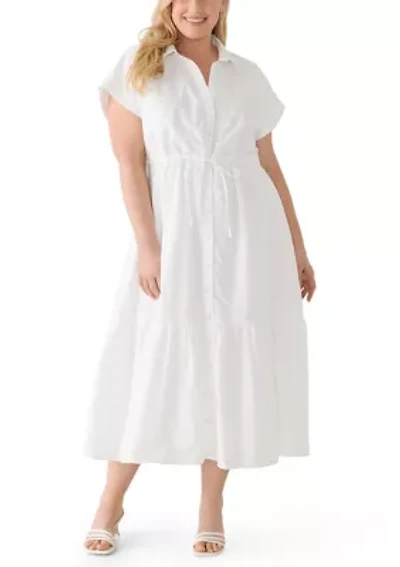 Plus Short Sleeve Button Front Midi Dress