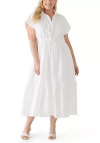 Plus Short Sleeve Button Front Midi Dress