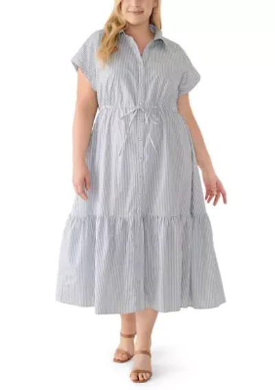 Plus Short Sleeve Button Front Midi Dress