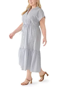 Plus Short Sleeve Button Front Midi Dress