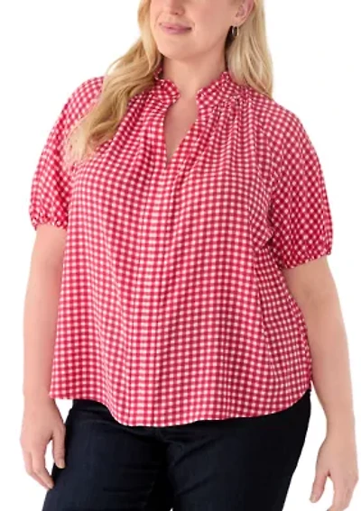 Plus Raglan Sleeve Ruffles Split Neck Top