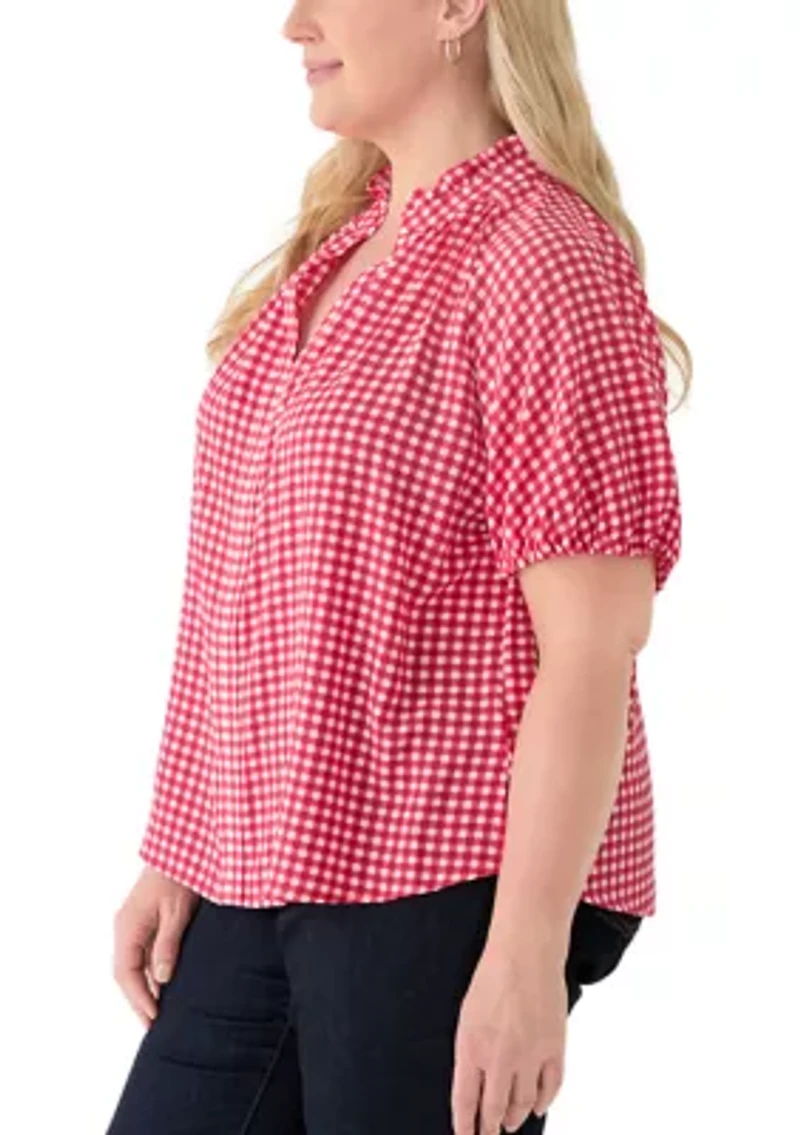 Plus Raglan Sleeve Ruffles Split Neck Top