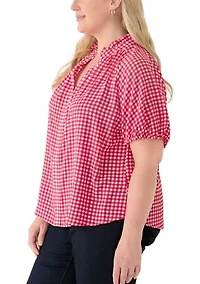 Plus Raglan Sleeve Ruffles Split Neck Top