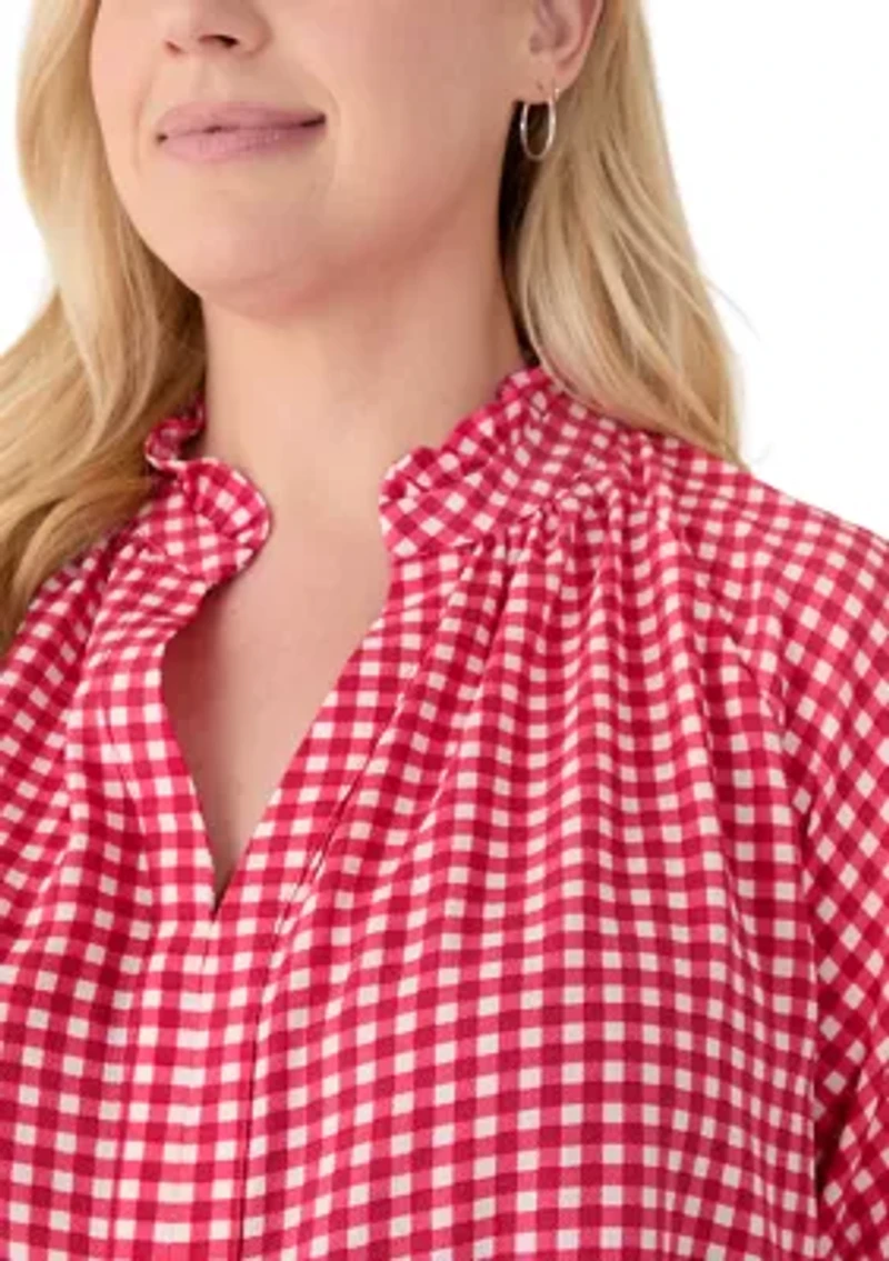 Plus Raglan Sleeve Ruffles Split Neck Top