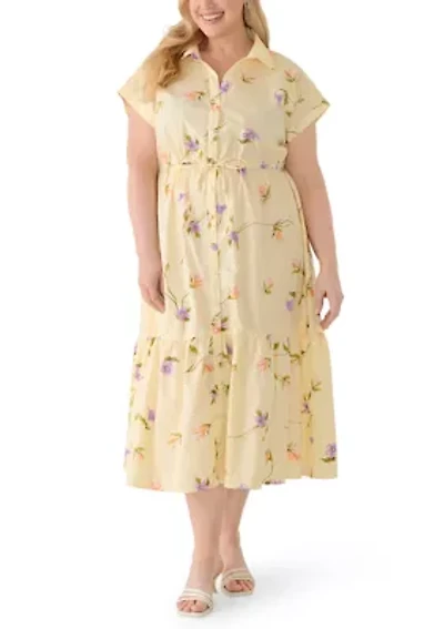 Plus Short Sleeve Button Front Midi Dress