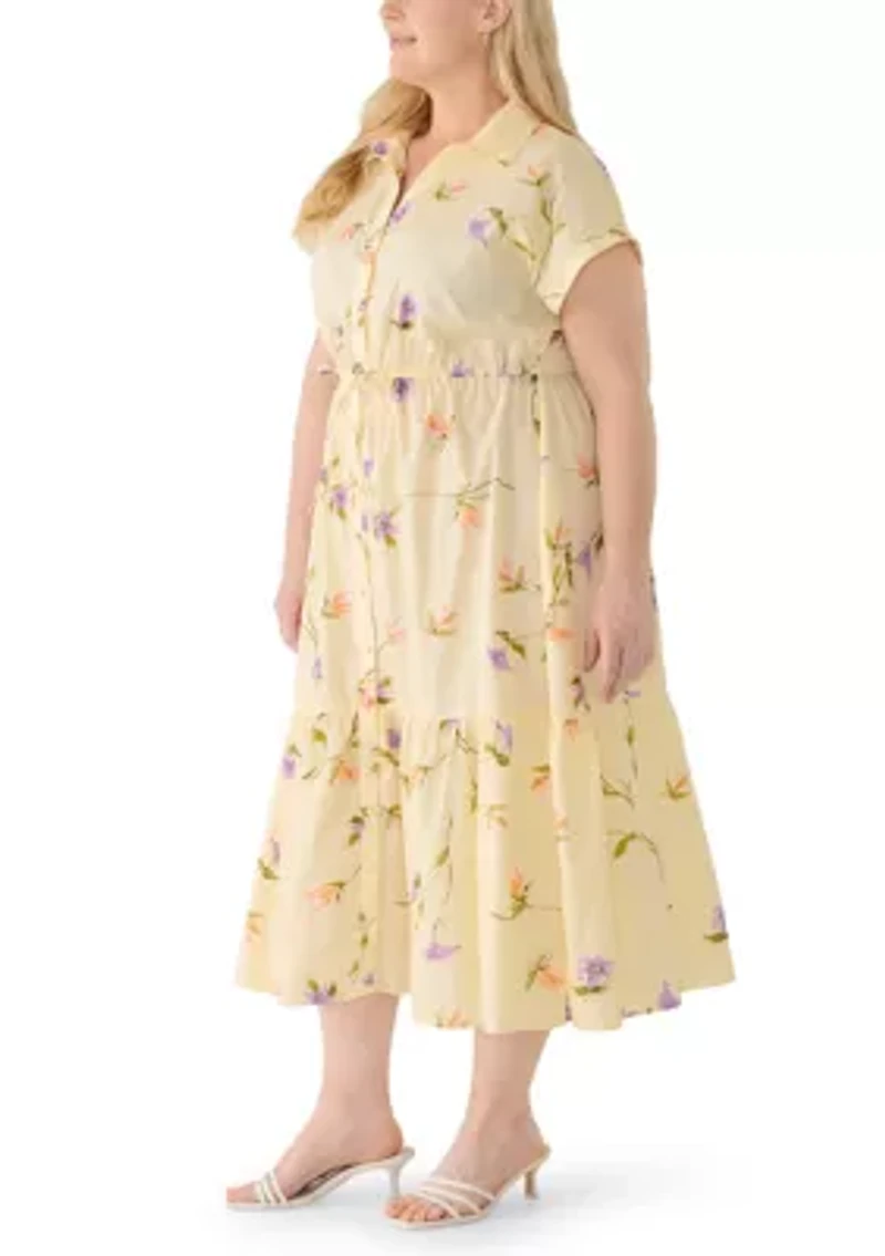 Plus Short Sleeve Button Front Midi Dress