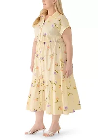 Plus Short Sleeve Button Front Midi Dress