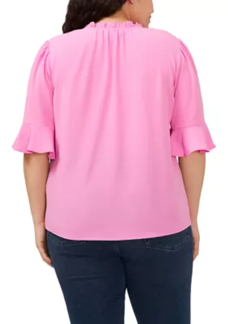 Plus Elbow Sleeve Shirred Ruffle Blouse