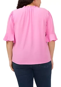 Plus Elbow Sleeve Shirred Ruffle Blouse