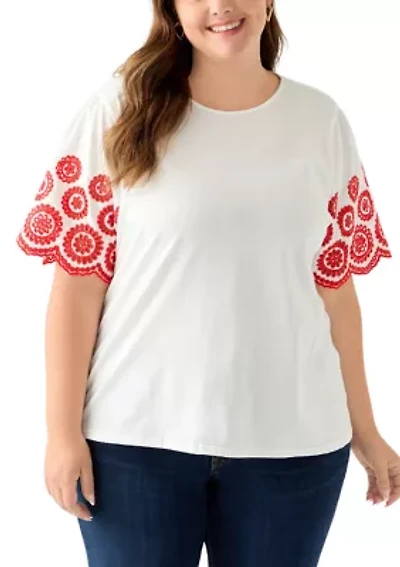 Women's Short Sleeve Embroidered Knit Top