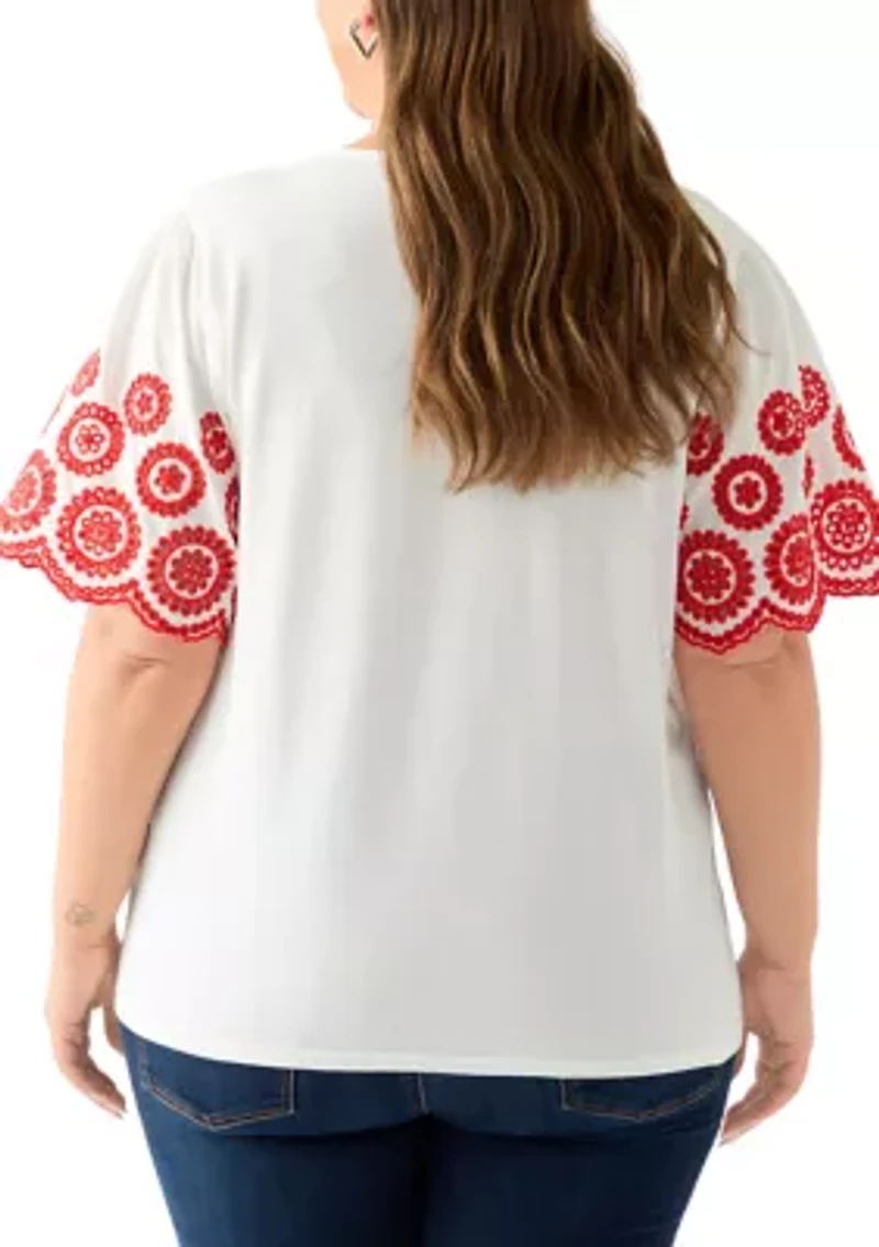 Women's Short Sleeve Embroidered Knit Top