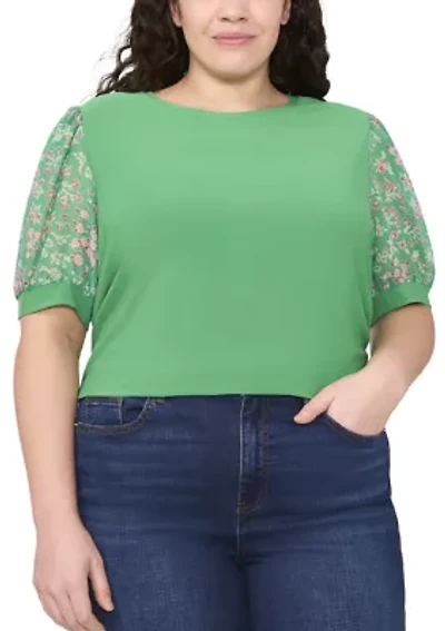 Plus Mixed Media Puff Sleeve Top