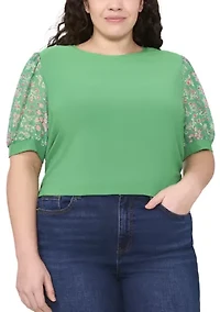 Plus Mixed Media Puff Sleeve Top