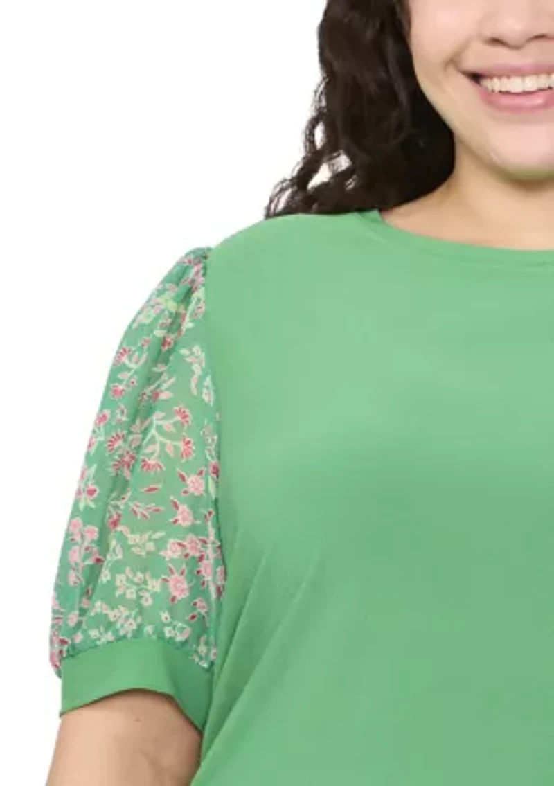 Plus Mixed Media Puff Sleeve Top