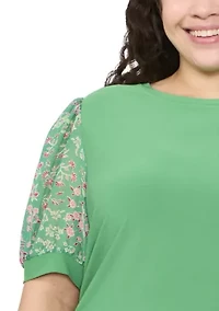 Plus Mixed Media Puff Sleeve Top