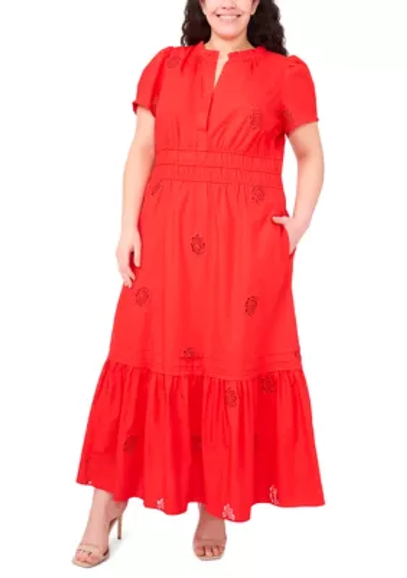 Plus V-Neck Puff Sleeve Maxi Dress