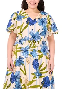 Plus Printed Flutter Sleeve Maxi Dress
