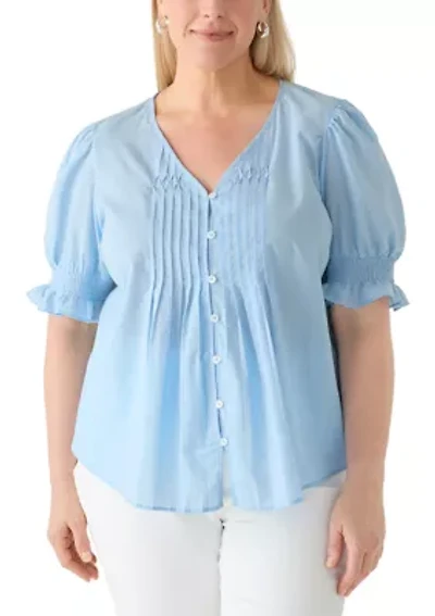 Plus Short Sleeve Button Down Cotton Lawn Top