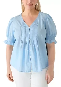Plus Short Sleeve Button Down Cotton Lawn Top