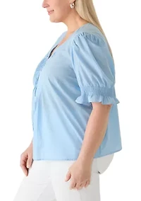 Plus Short Sleeve Button Down Cotton Lawn Top