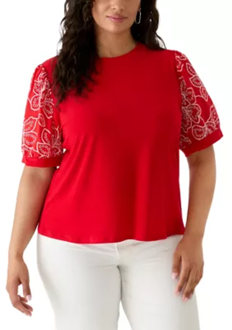 Plus Elbow Puff Sleeve Mixed Media Shirt