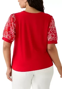 Plus Elbow Puff Sleeve Mixed Media Shirt