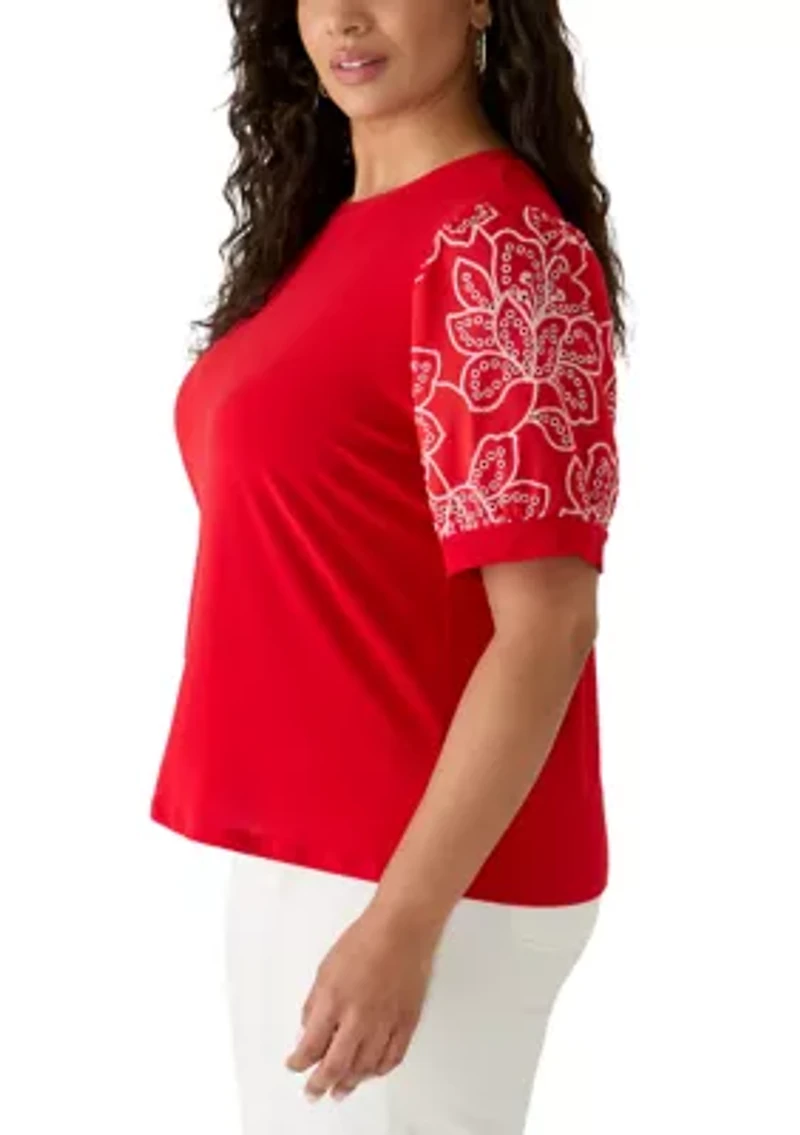 Plus Elbow Puff Sleeve Mixed Media Shirt