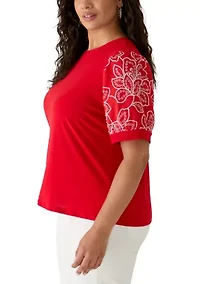 Plus Elbow Puff Sleeve Mixed Media Shirt