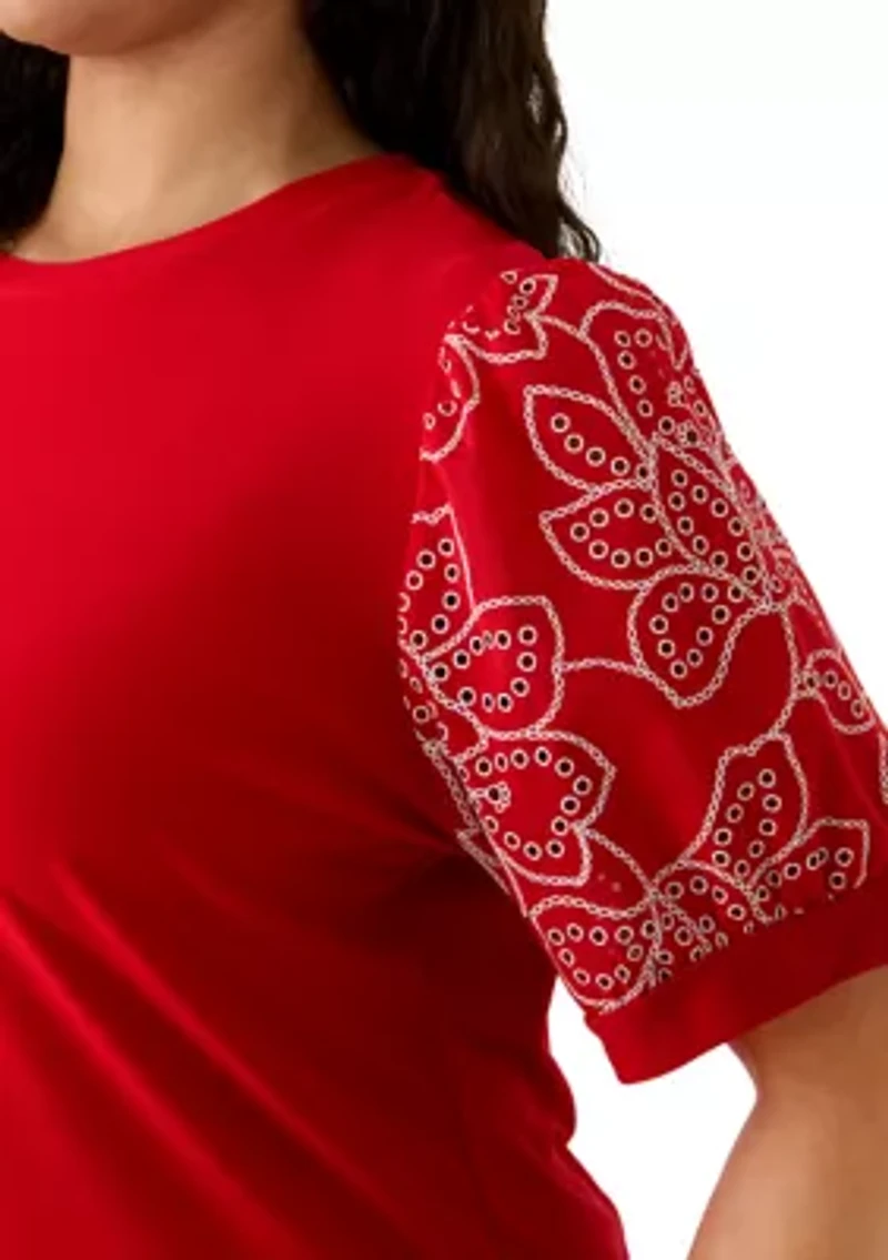 Plus Elbow Puff Sleeve Mixed Media Shirt