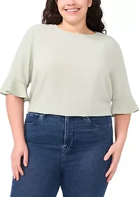 Plus Short Sleeve Ruffle Cuff Woven Solid Top