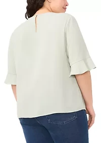 Plus Short Sleeve Ruffle Cuff Woven Solid Top
