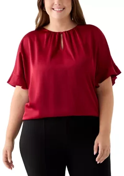 Plus Short Sleeve Keyhole Neck Blouse with Ruffles