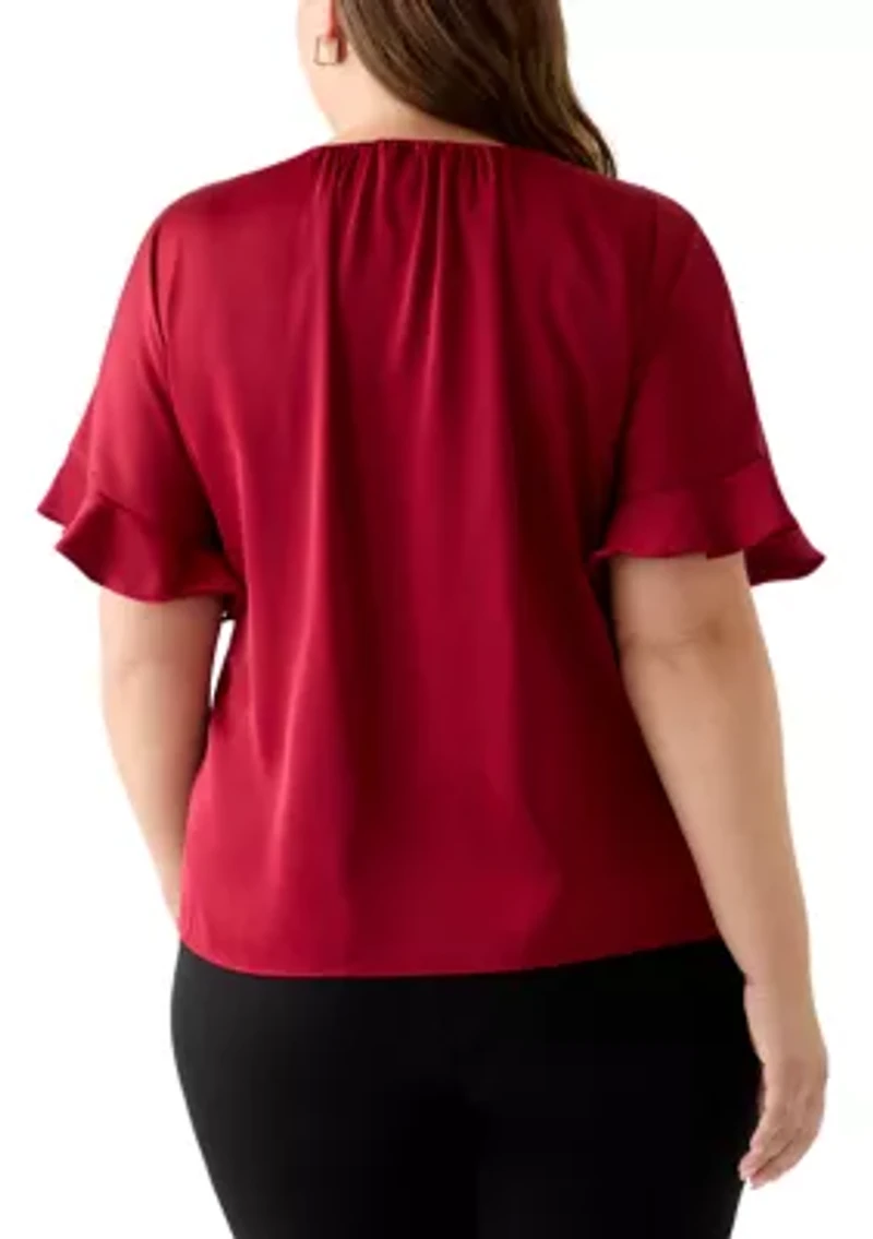 Plus Short Sleeve Keyhole Neck Blouse with Ruffles