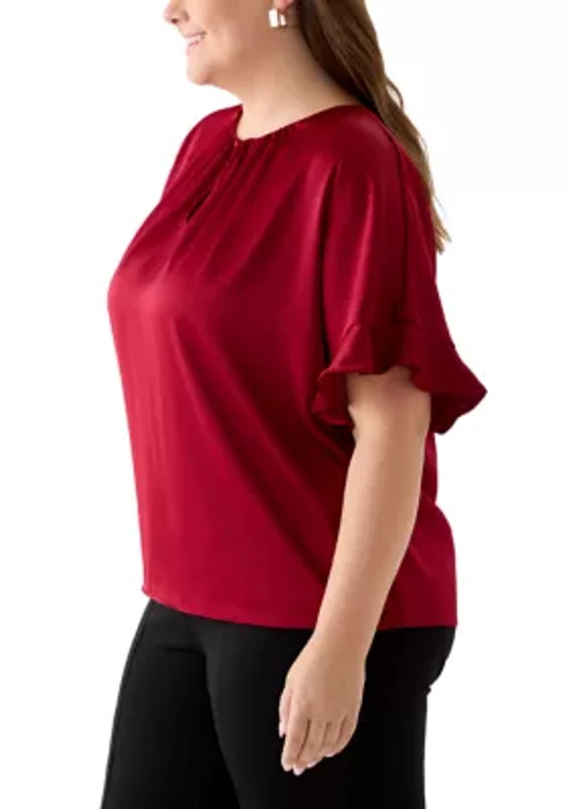 Plus Short Sleeve Keyhole Neck Blouse with Ruffles