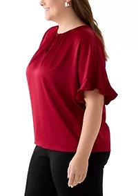 Plus Short Sleeve Keyhole Neck Blouse with Ruffles