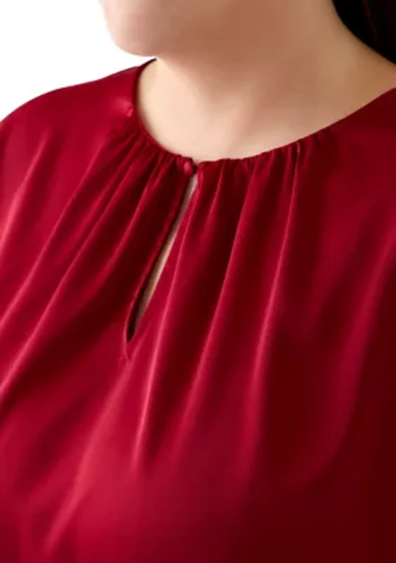 Plus Short Sleeve Keyhole Neck Blouse with Ruffles
