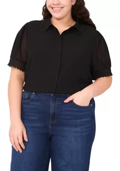 Plus Short Sleeve Button Front Scalloped Top